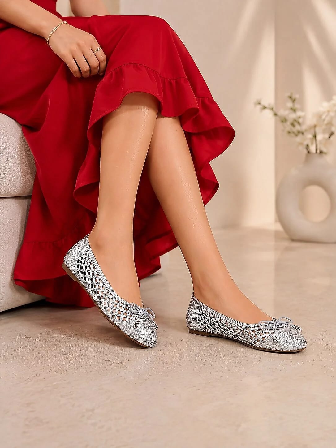 Silver Woven Bow Detail Ballet Flats for Women - UrbanToes