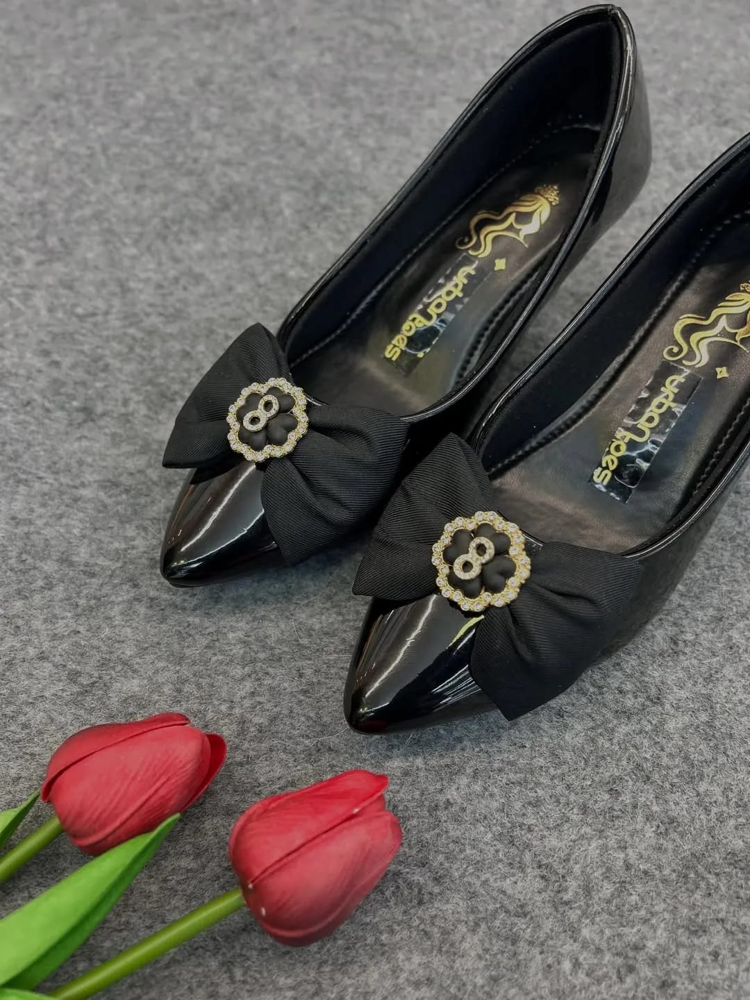 Urbantoes Midnight Gloss Pointed-Toe Kitten Heels – Bow Detail & Rhinestone Brooch - UrbanToes