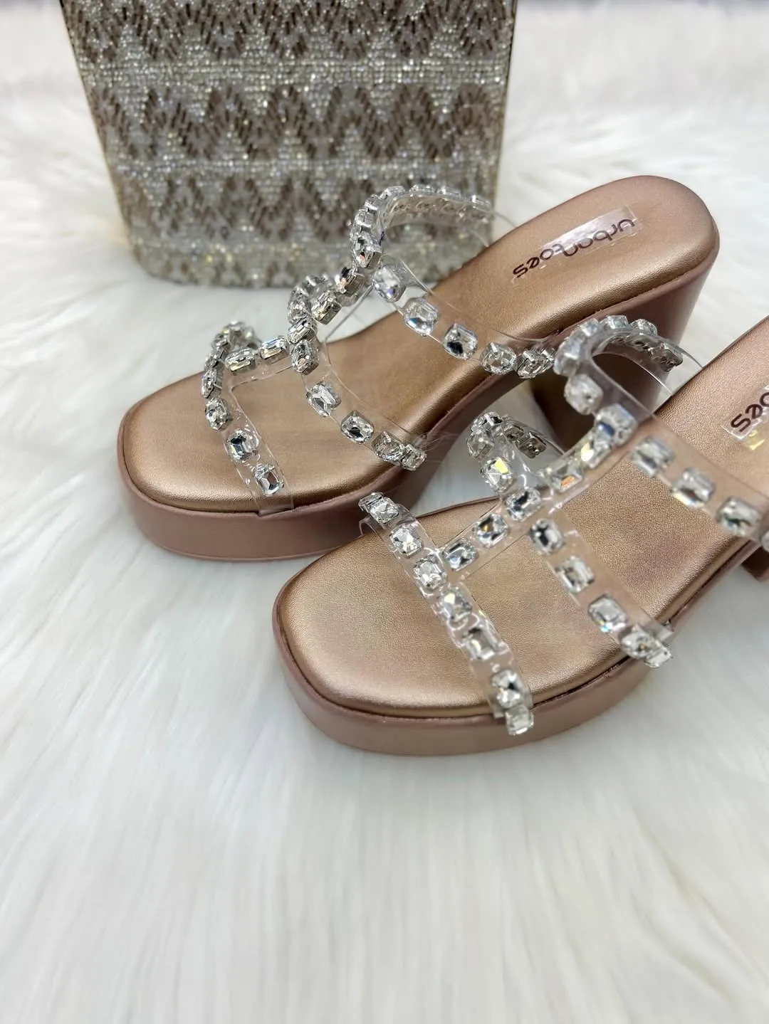 Urbantoes Cinderella Crystal Bloom Platform Wedges – Rose Gold & Transparent Glamour - UrbanToes