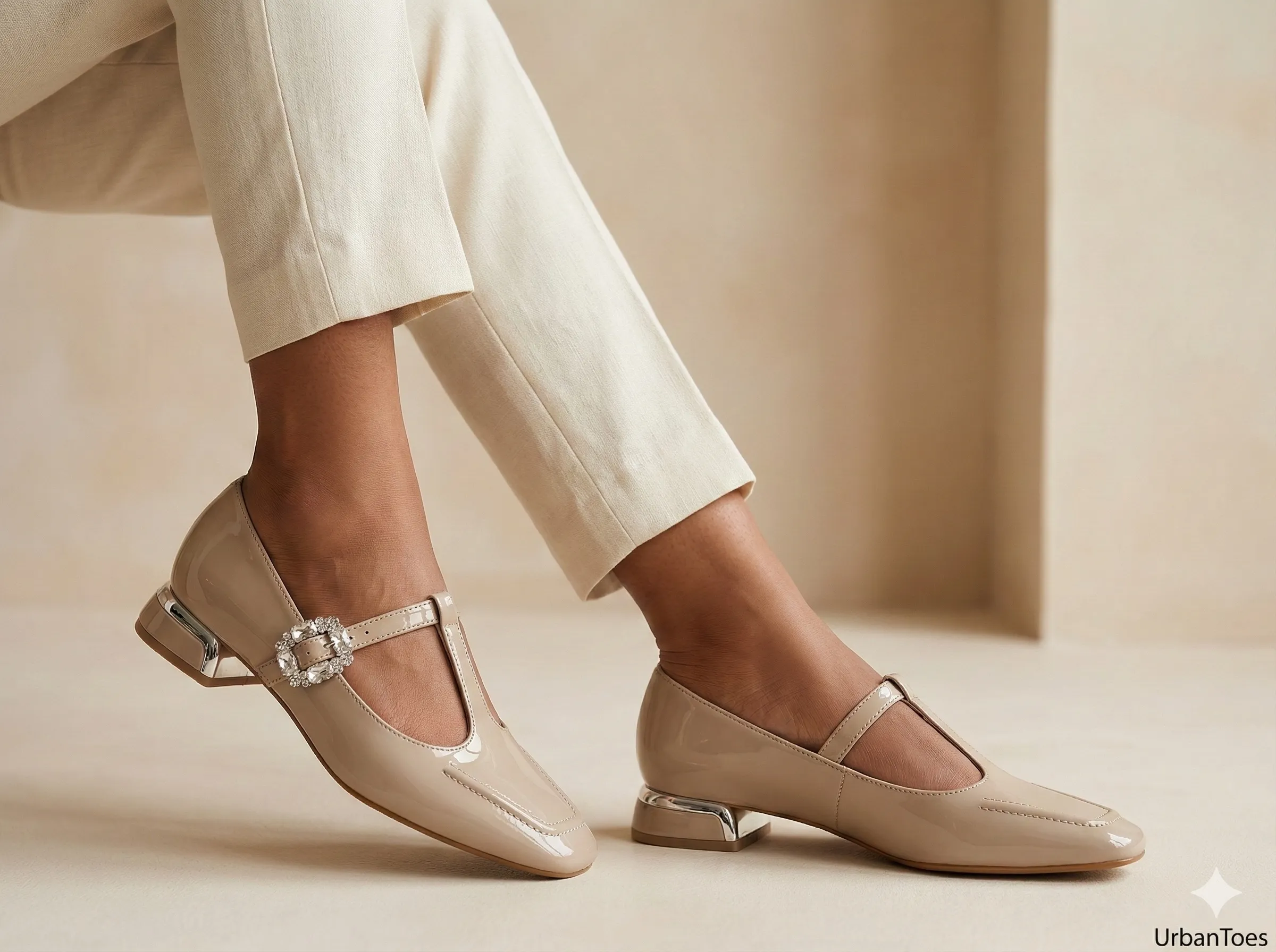 UrbanToes Noor Patent Mary Jane Heels Beige - UrbanToes