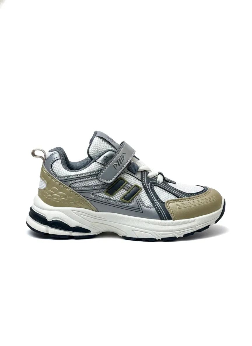 Boys Running Sports Sneakers with Hook & Loop Strap – Grey Beige - UrbanToes