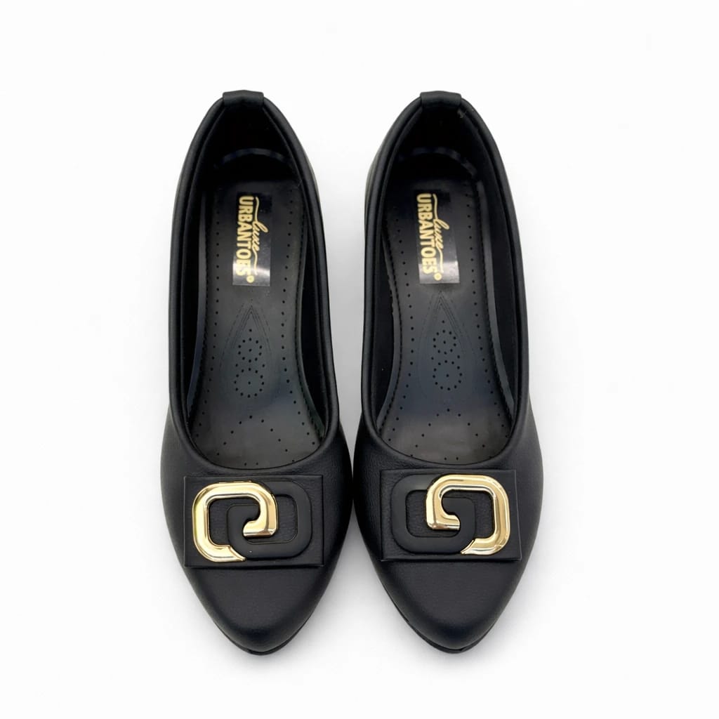 Premium Black Formal Low Heel Shoes for Women with Gold Buckle – Comfortable Office Wear - UrbanToes