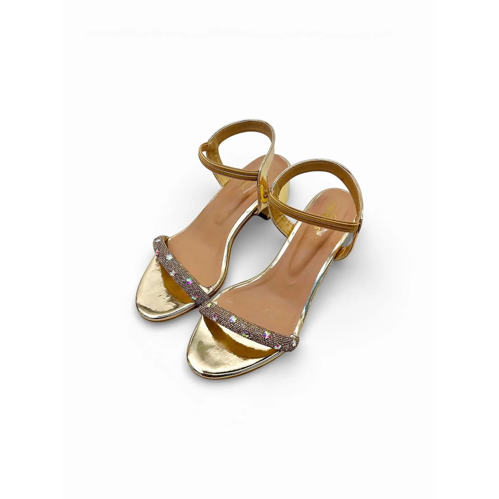 Gold Block Heel Sandals for Women – Embellished Ankle Strap Party Wear Heels - UrbanToes