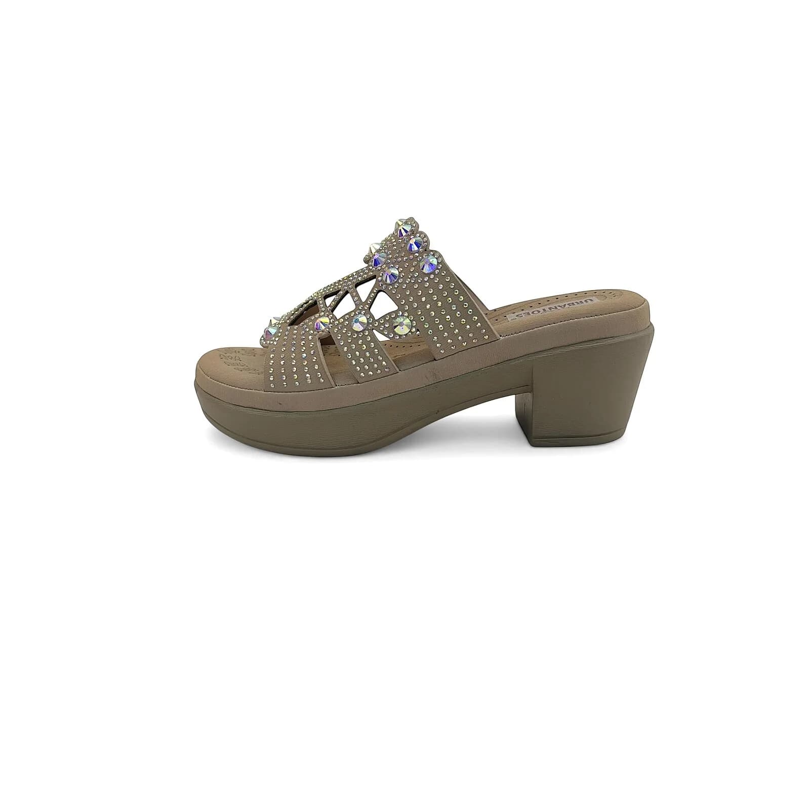 Light Gold Stone Work Block Heel Slide Sandals for Women