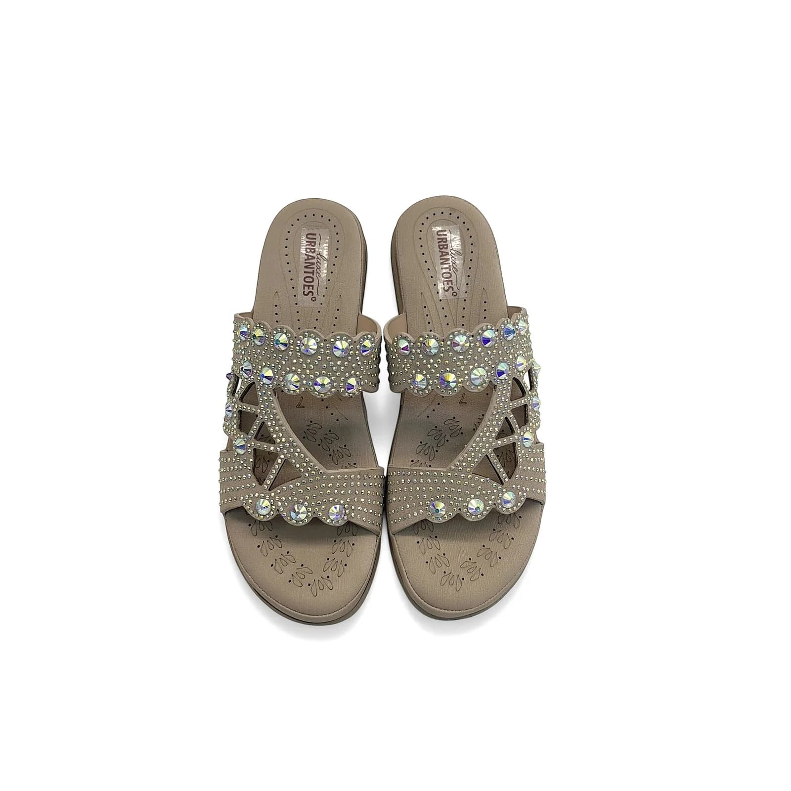 Light Gold Stone Work Block Heel Slide Sandals for Women