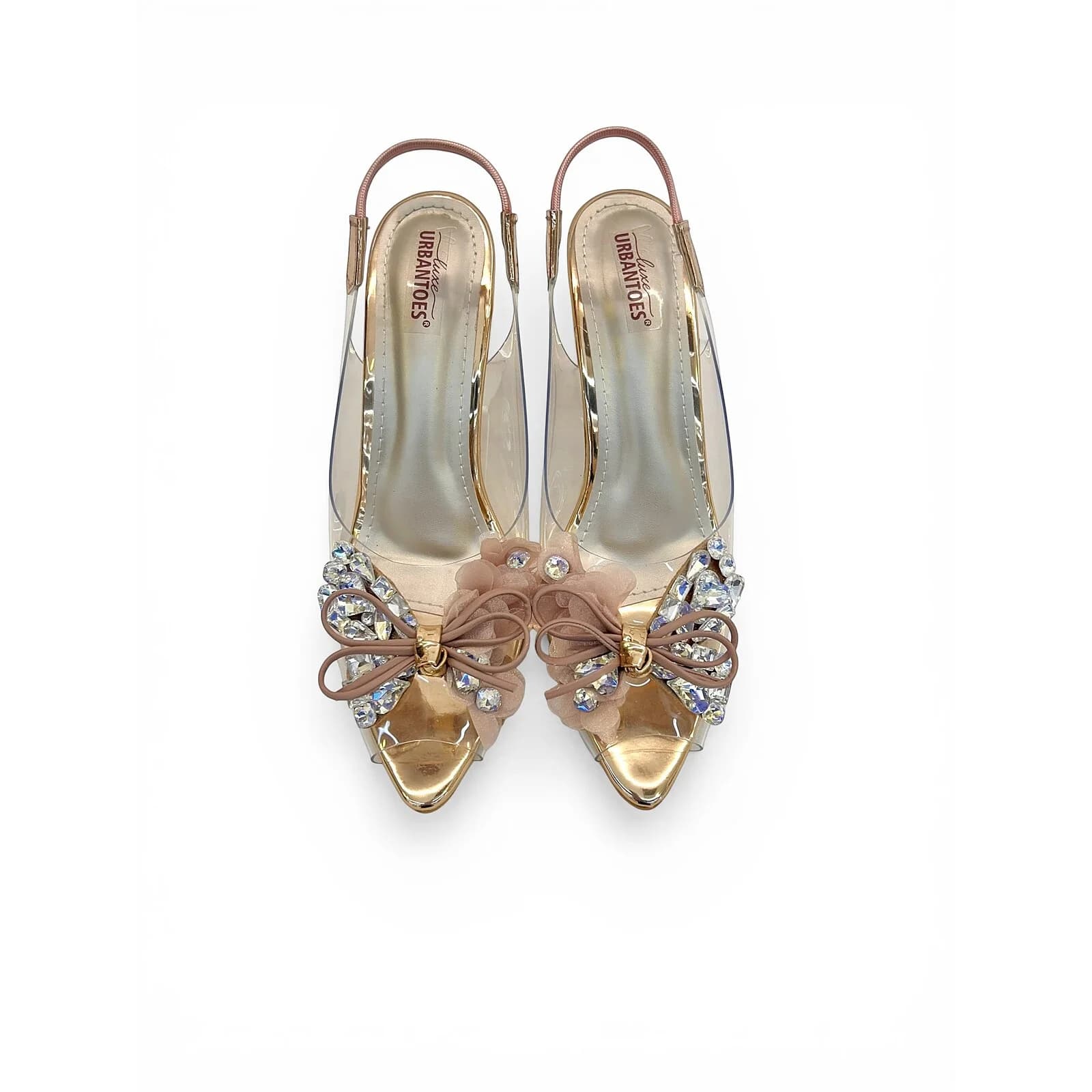 Transparent Rosegold Slingback Heels for Women ā Crystal Embellished Party Sandals