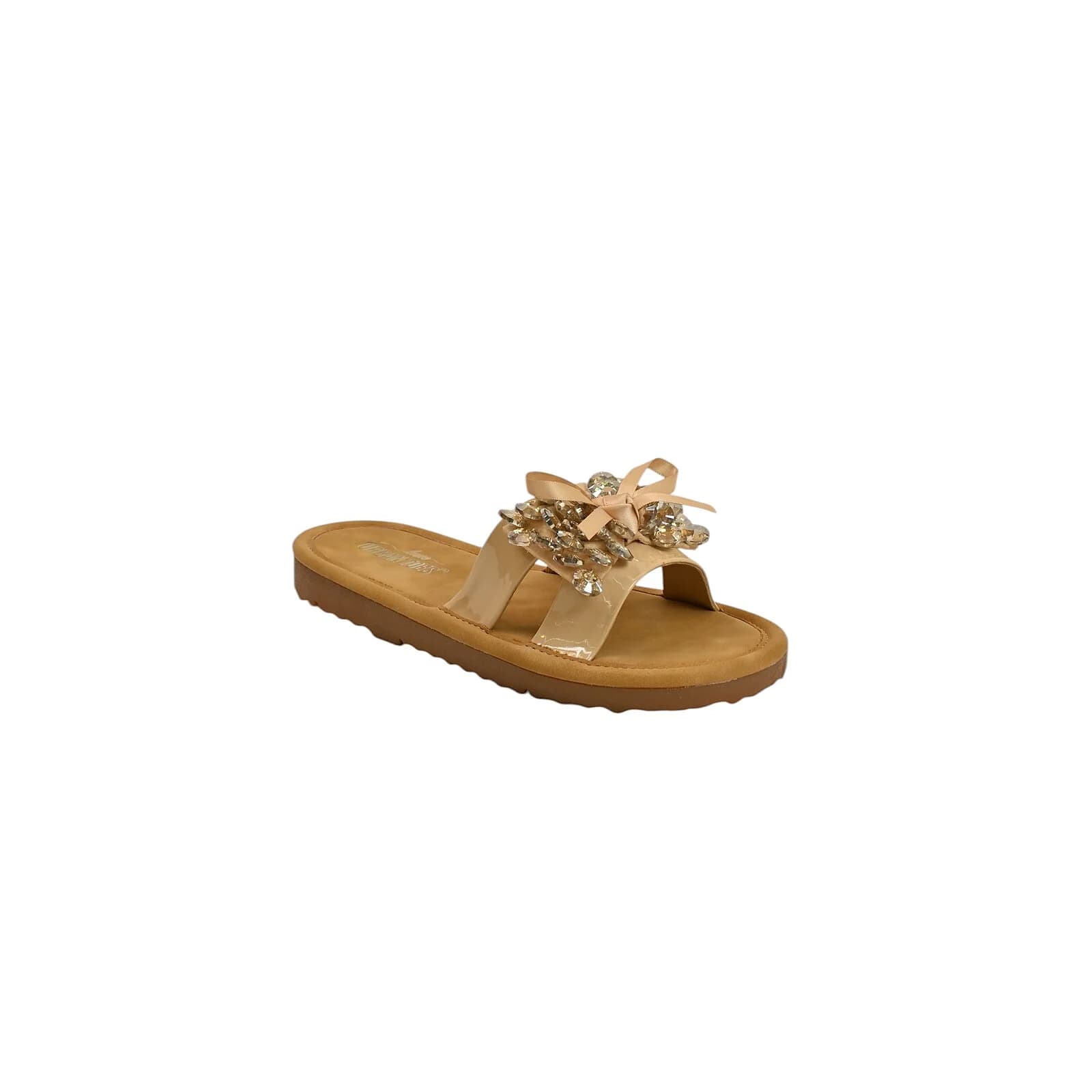 Beige Embellished Flat Slide Sandals for Women – Crystal Bow Comfort Flats