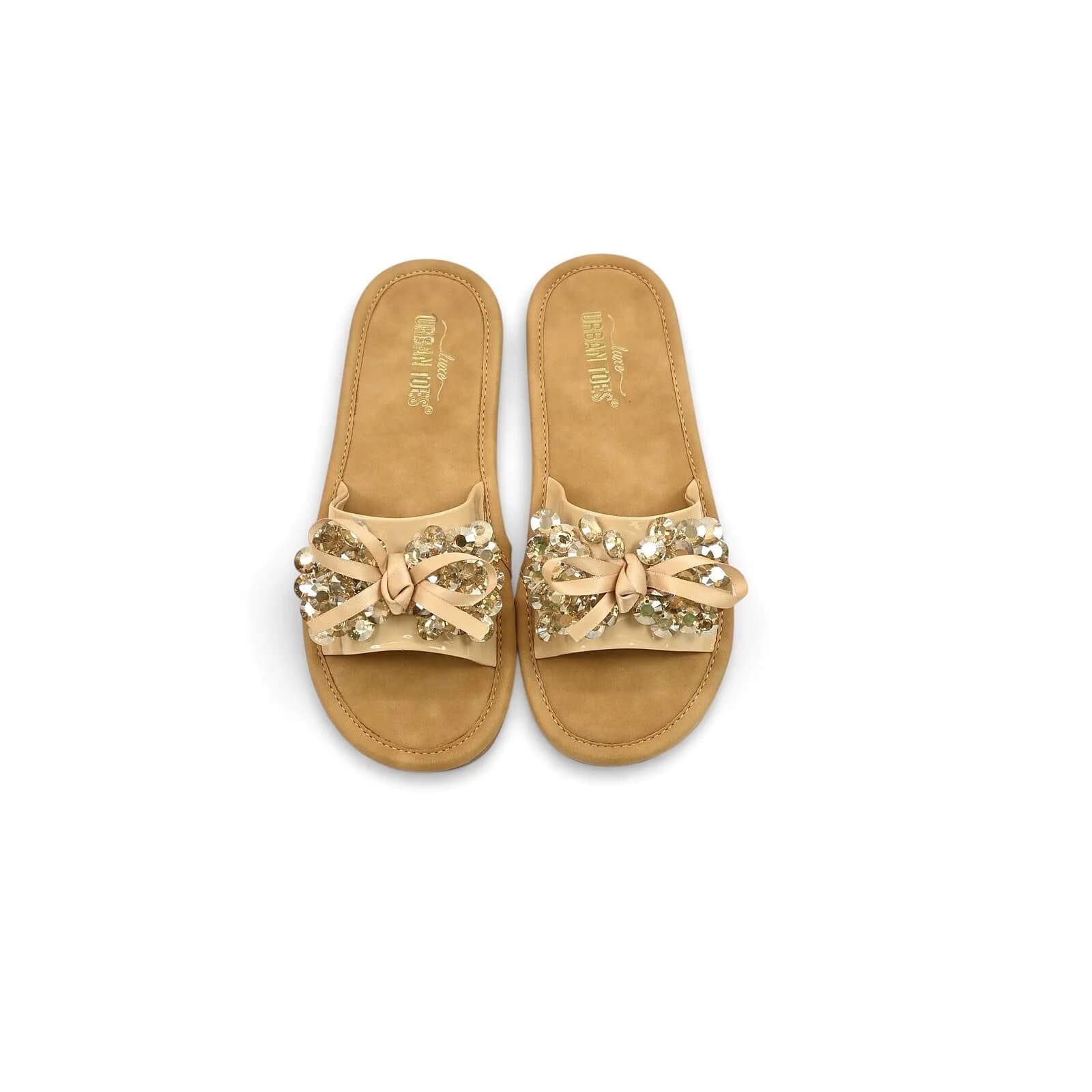 Beige Embellished Flat Slide Sandals for Women – Crystal Bow Comfort Flats