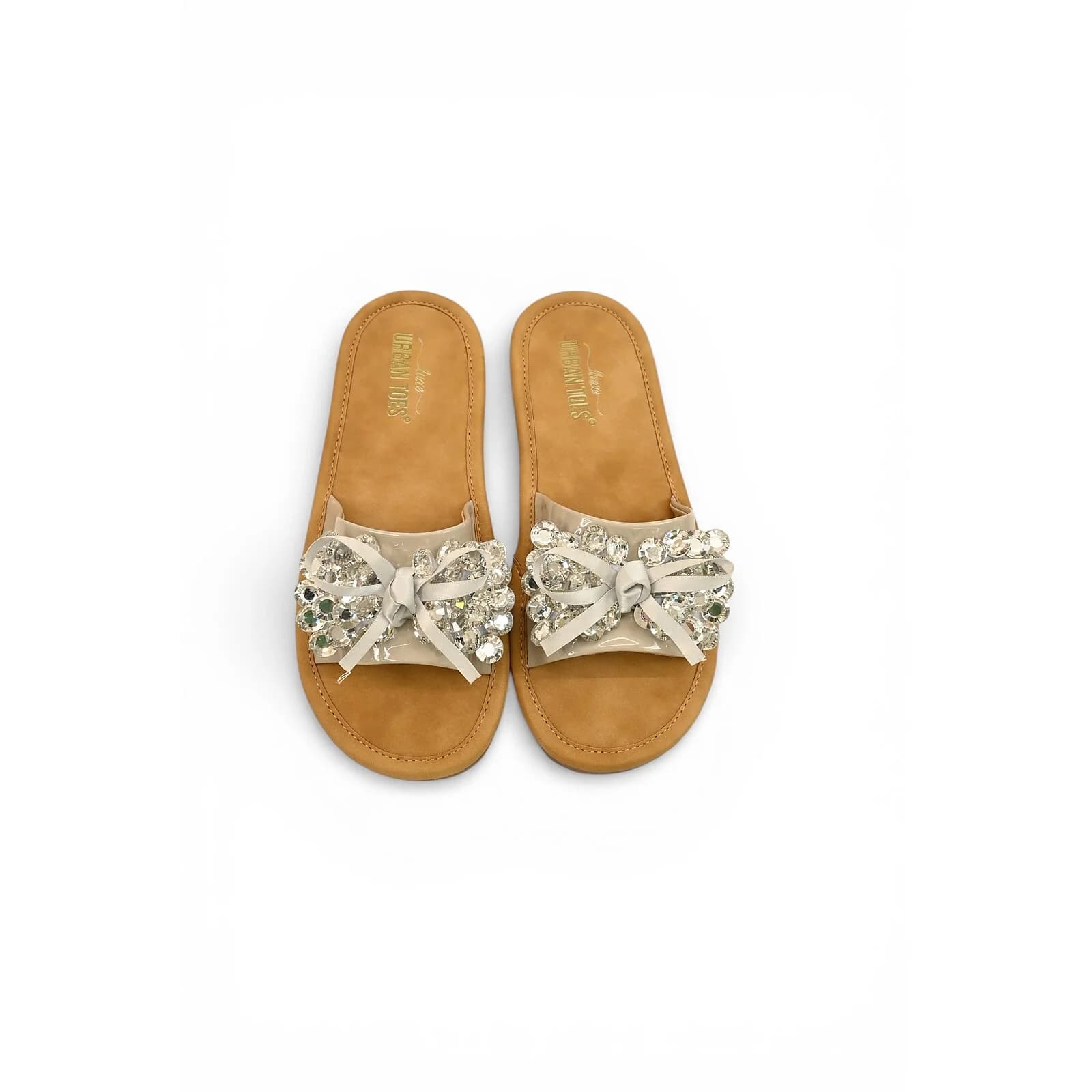 Grey Embellished Flat Slide Sandals for Women – Crystal Bow Comfort Flats