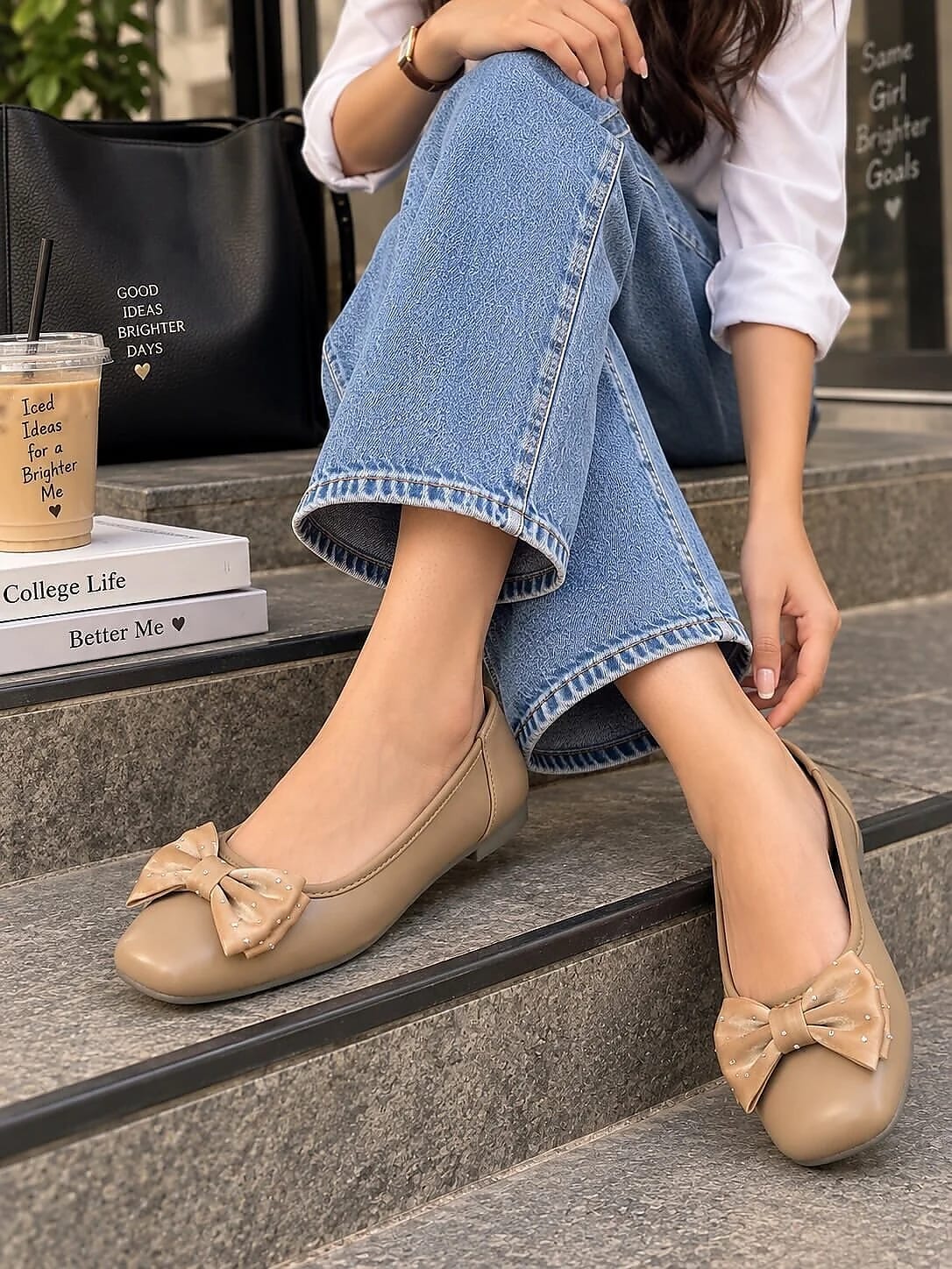 Light Brown Bow Ballerina Flats with Embellished Bow Detail - UrbanToes
