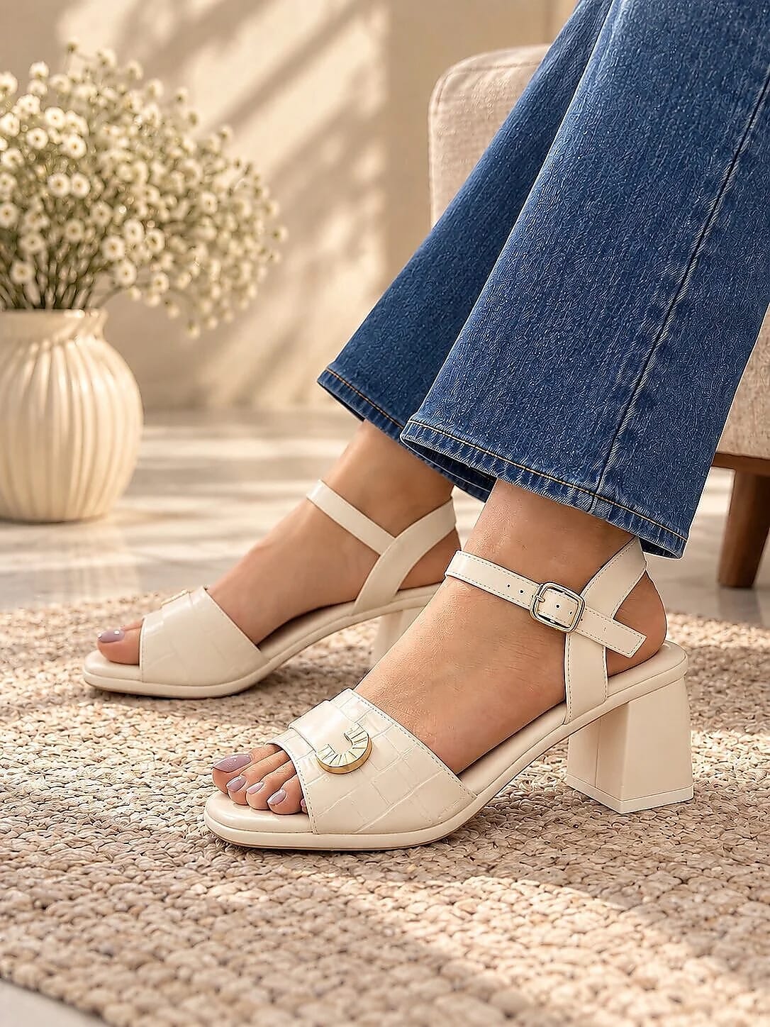 Cream Block Heel Sandals for Women with Ankle Strap & Buckle - UrbanToes