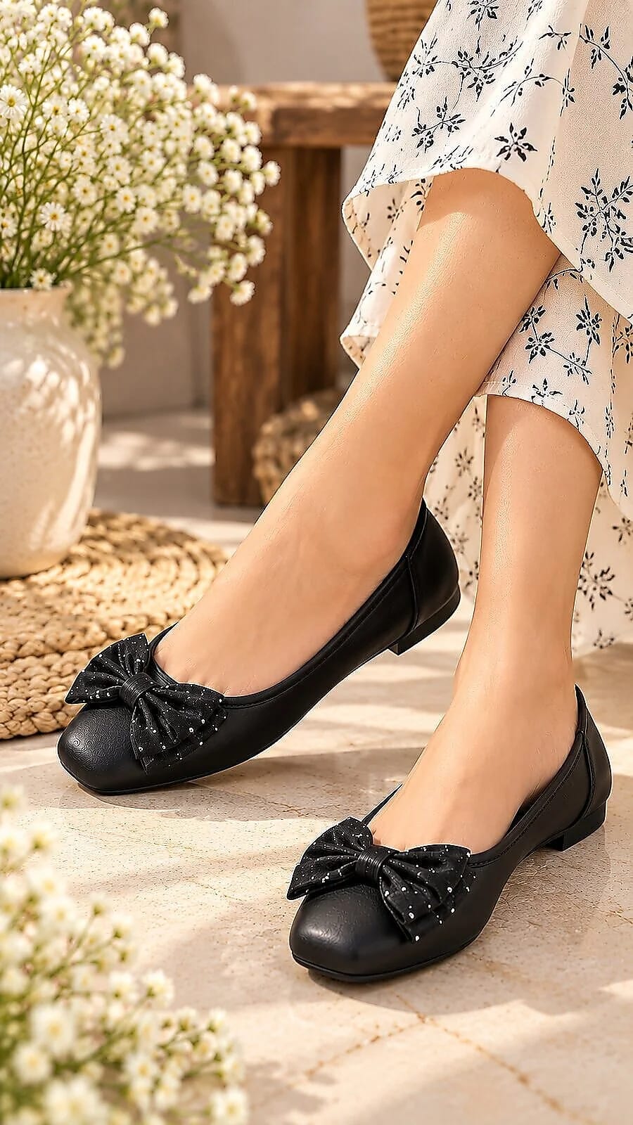 Black Bow Ballerina Flats with Embellished Bow Detail - UrbanToes
