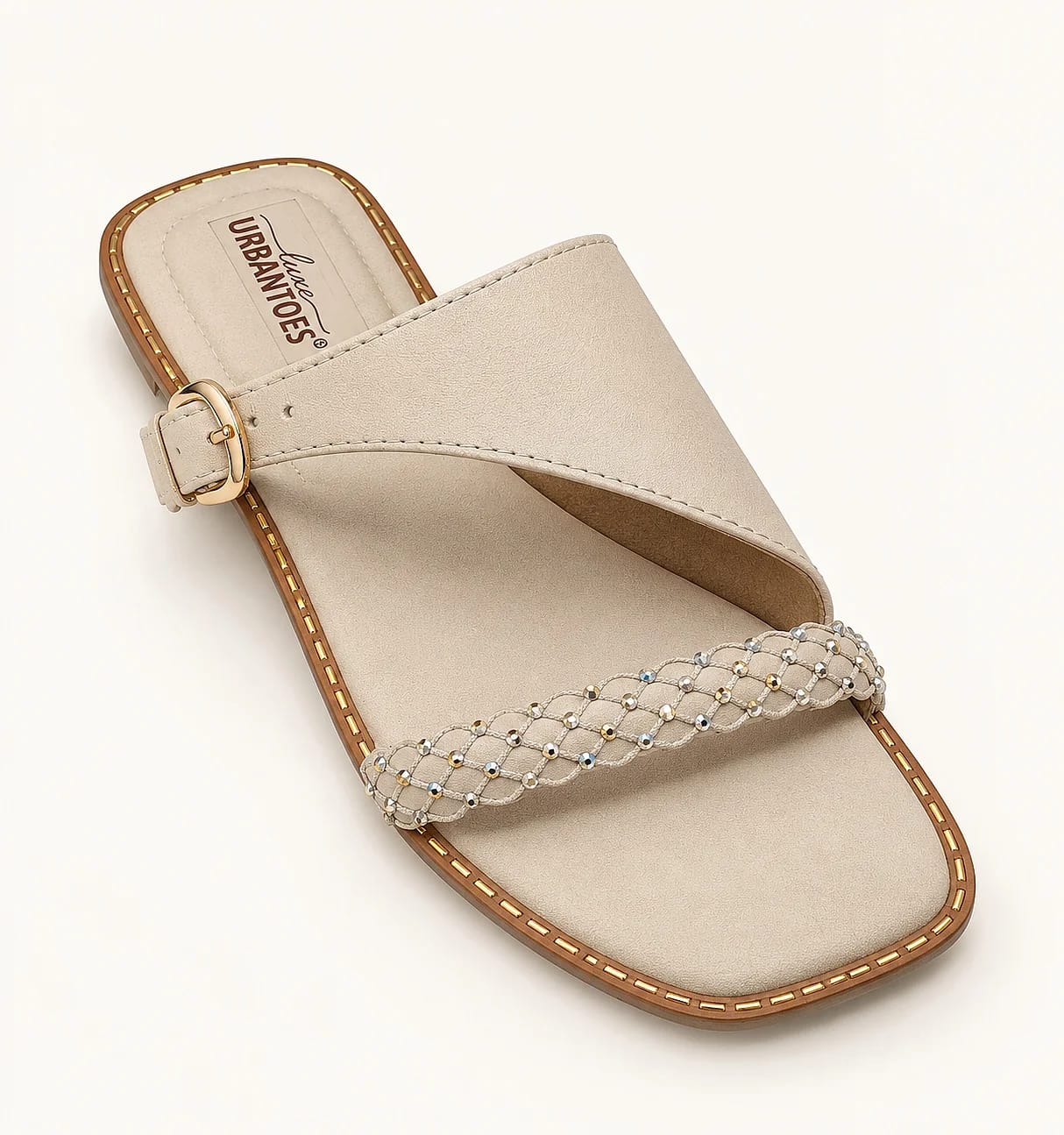 Cream Flat Sandals for Women with Braided Beaded Strap & Buckle - UrbanToes