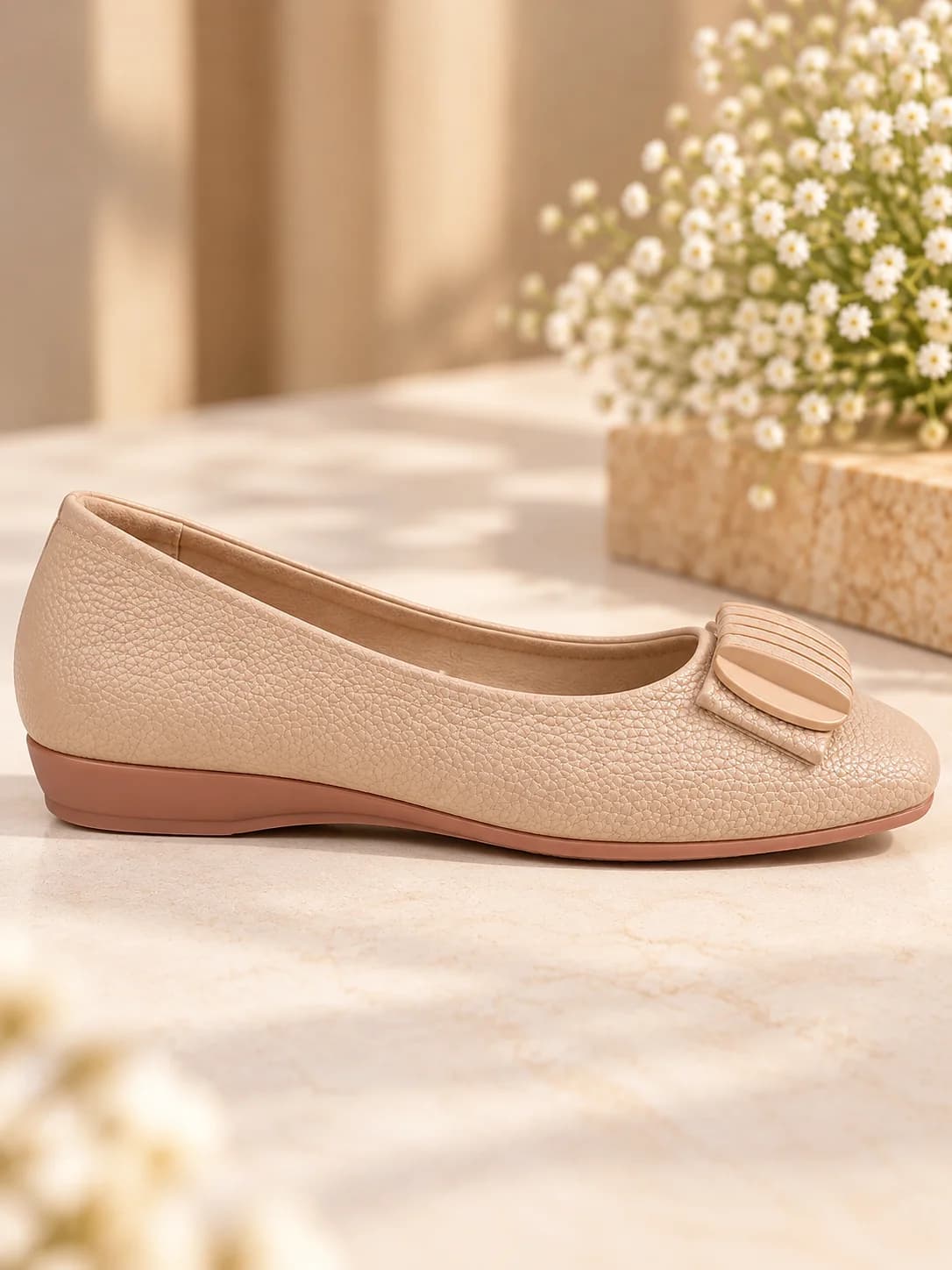 Women’s Beige Wedge Ballet Flats with Textured Finish