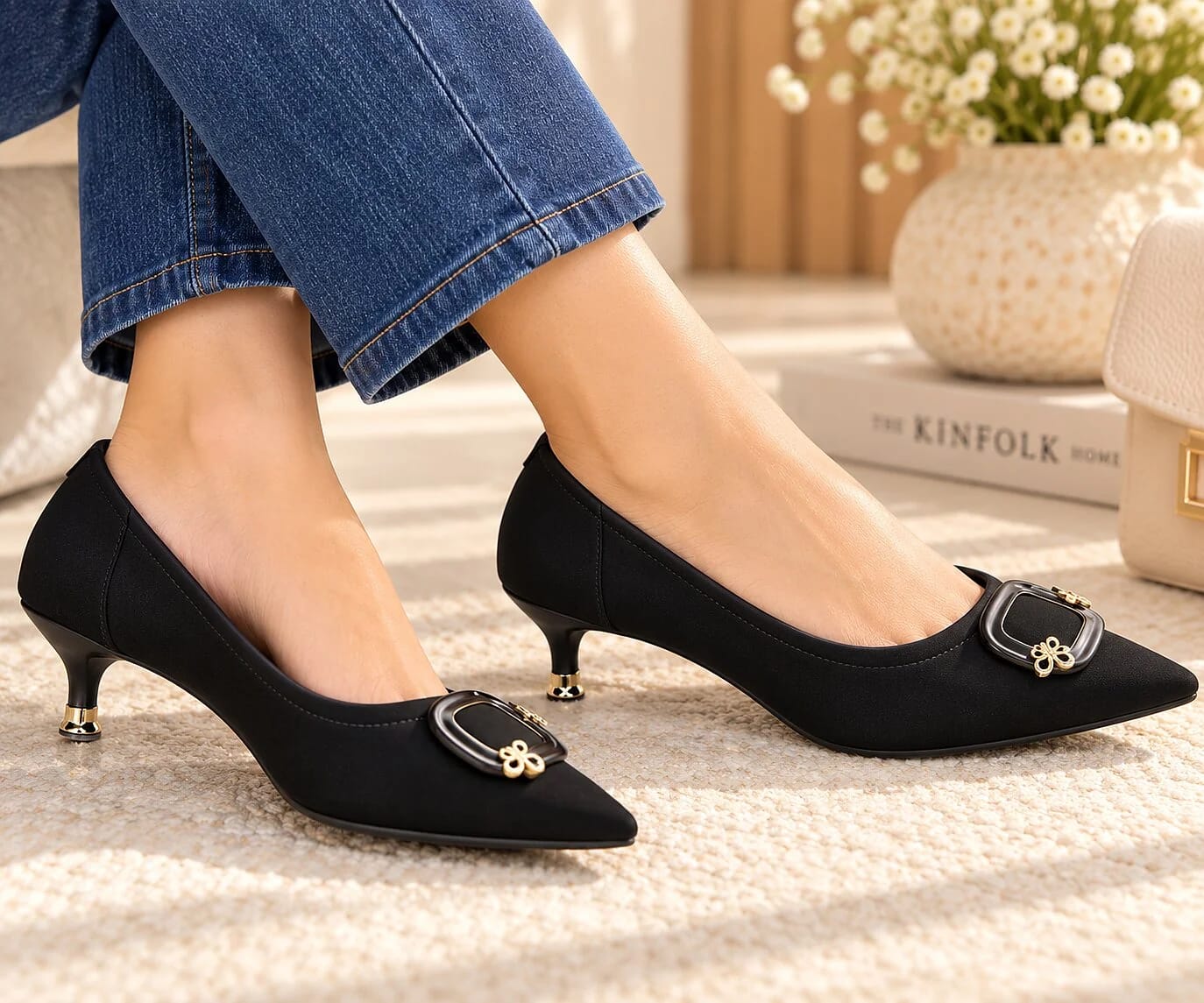 Women Black Pointed-Toe Kitten Heels with Gold Buckle Detail - UrbanToes