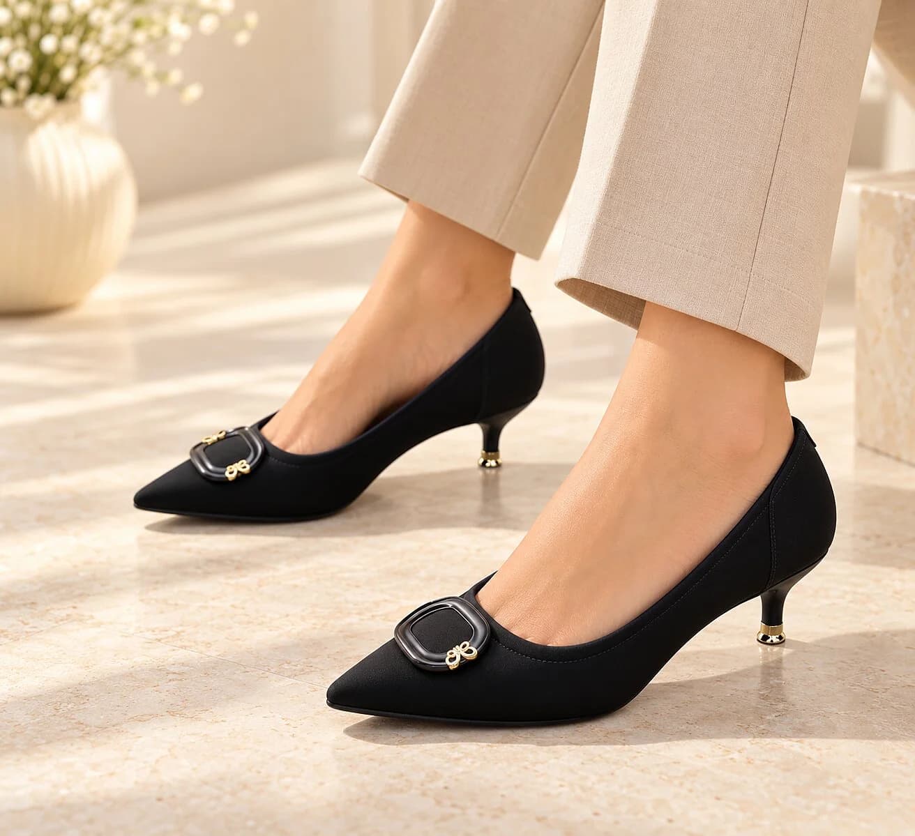 Women Black Pointed-Toe Kitten Heels with Gold Buckle Detail