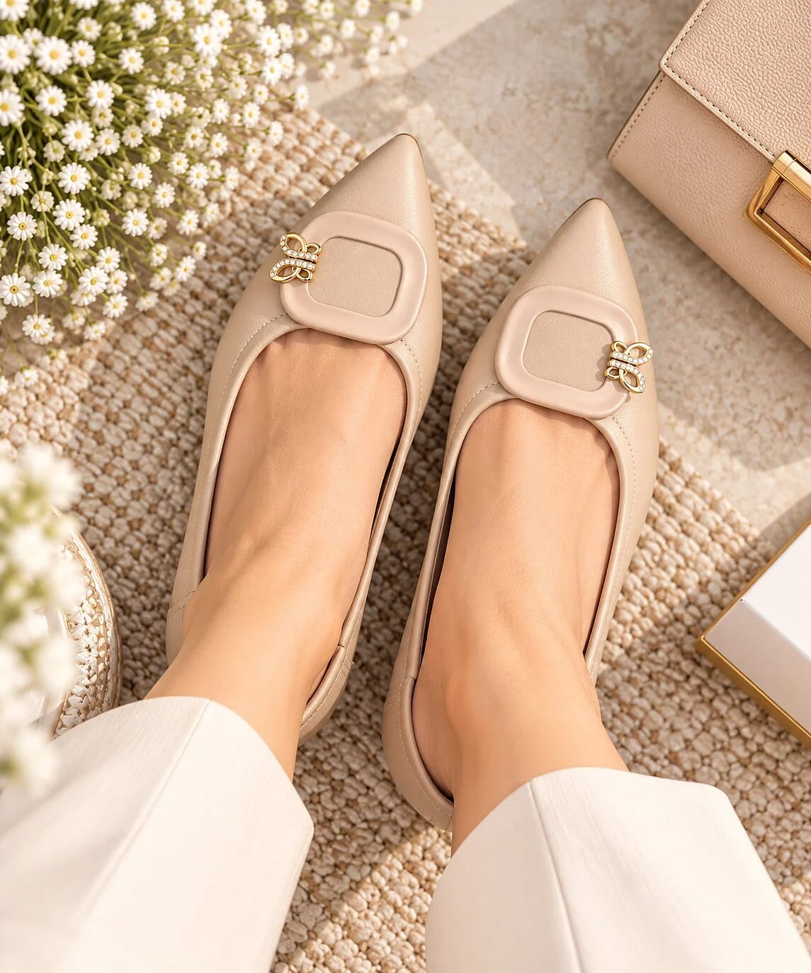 Women Beige Pointed-Toe Kitten Heels with Gold Buckle Detail - UrbanToes