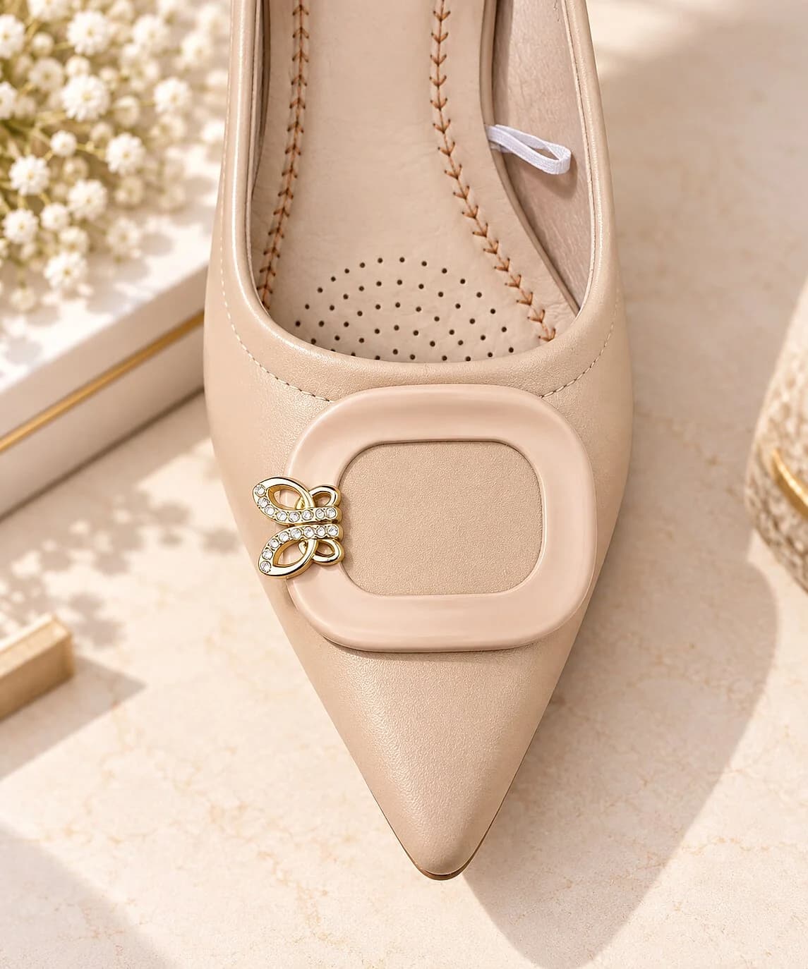 Women Beige Pointed-Toe Kitten Heels with Gold Buckle Detail