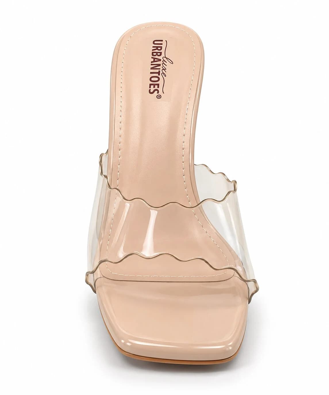 Women Nude Transparent Mule Heels with Gold Sculptural Heel