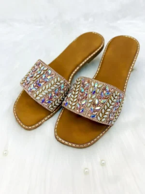 Urbantoes Rose Gold Crystal Leaf Embellished Slides Slipper – Festive Party Wear Flats