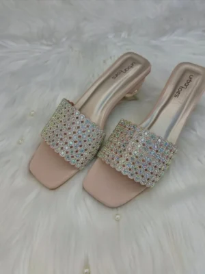 Champagne Shimmer Scalloped Block Heels – Iridescent Mesh Party Sandals