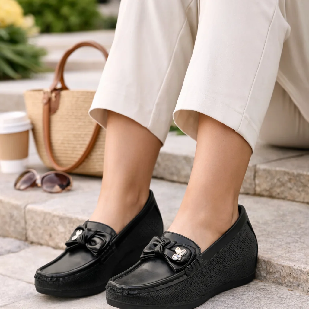 UrbanToes Women’s Black Floral Detail Wedge Loafers