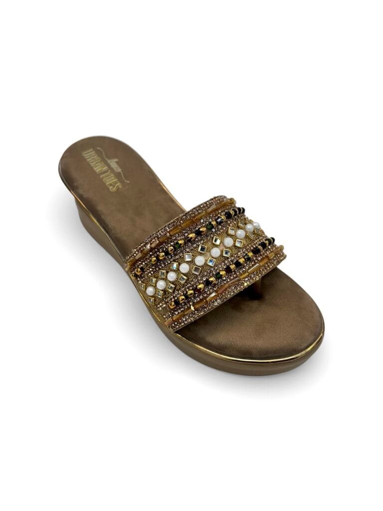 Women’s Brown Stonework Wedge Slide Sandals for Festive & Party Wear