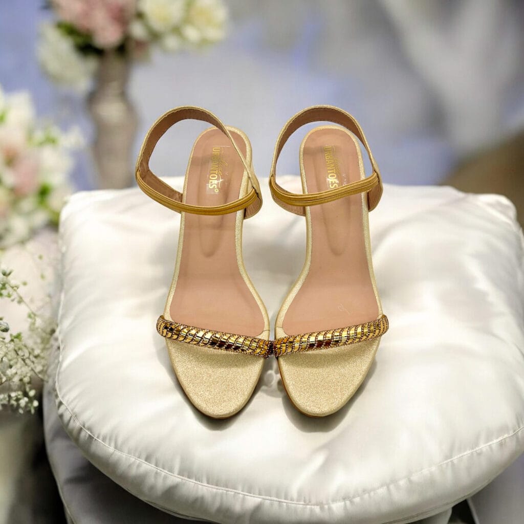 Women’s Gold Embellished Block Heel Sandals for Party & Festive Wear