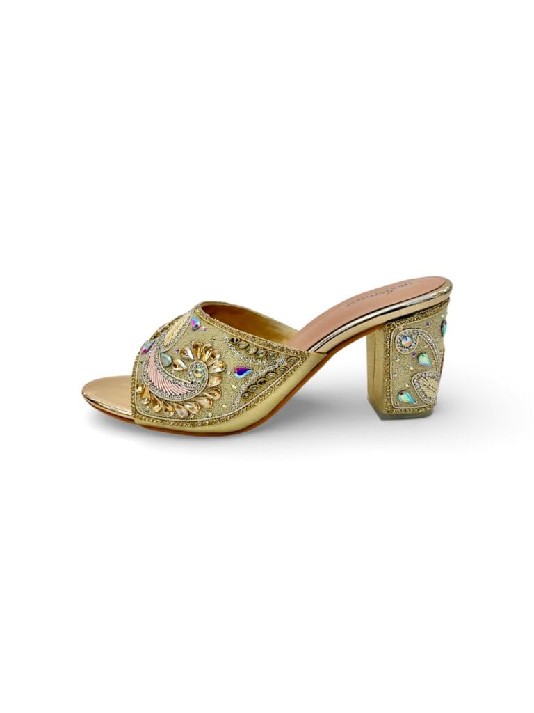 Women’s Gold Embellished Block Heel Mules – Festive & Wedding Party Wear Sandals