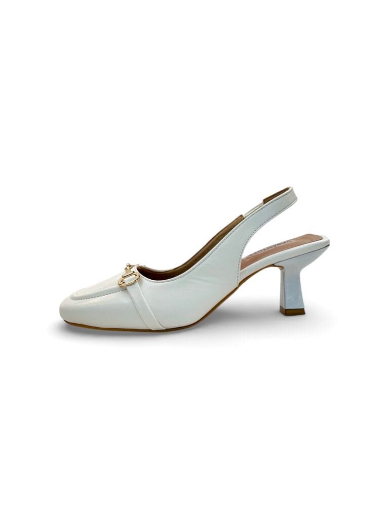 Women White Slingback Block Heels with Gold Buckle – Elegant Office & Party Wear