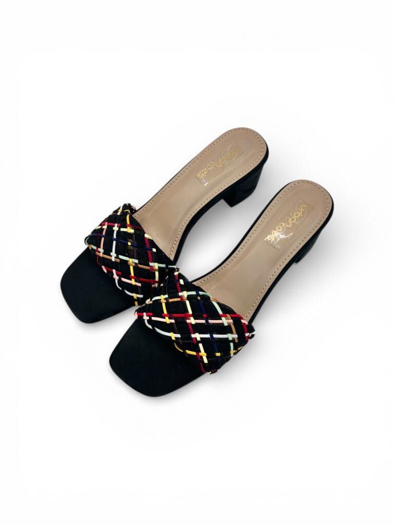 Block Heel Mules for Women – Multicolor Woven Square Toe Heels