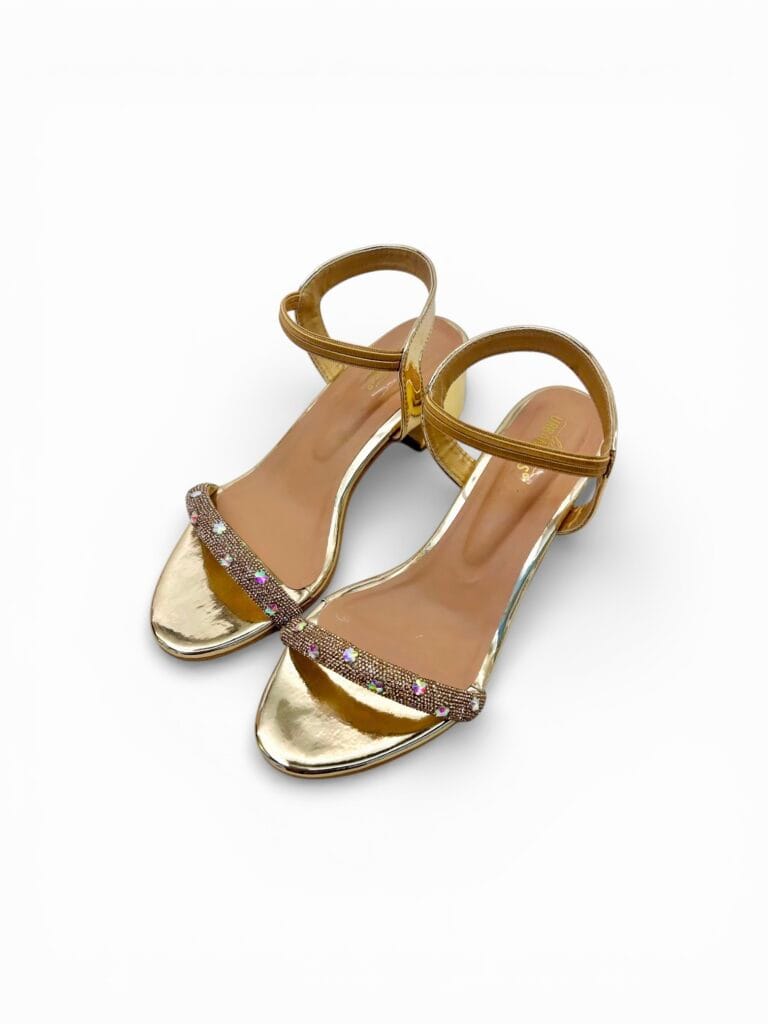 Gold Block Heel Sandals for Women – Embellished Ankle Strap Party Wear Heels