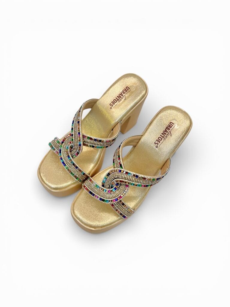 Gold Platform Block Heels for Women – Multicolor Stone Party Wear Sandals