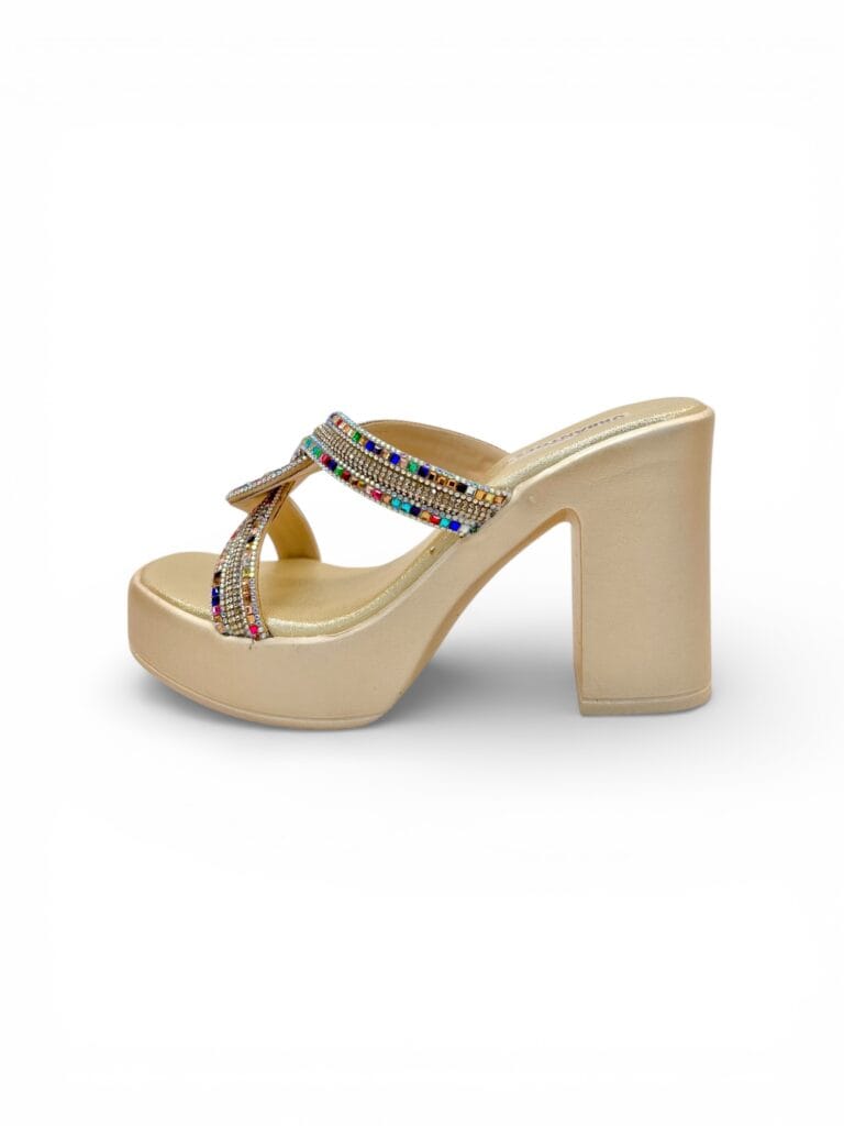 Gold Platform Block Heels for Women – Multicolor Stone Party Wear Sandals
