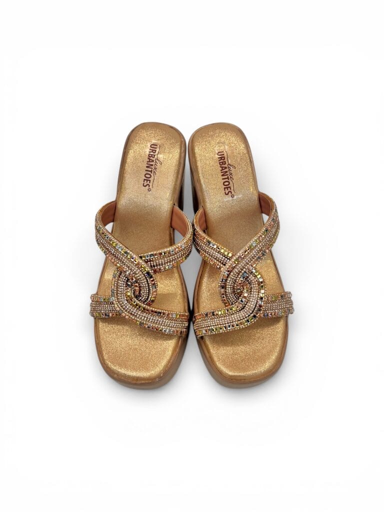 Rose Gold Platform Block Heels for Women – Multicolor Stone Party Wear Sandals