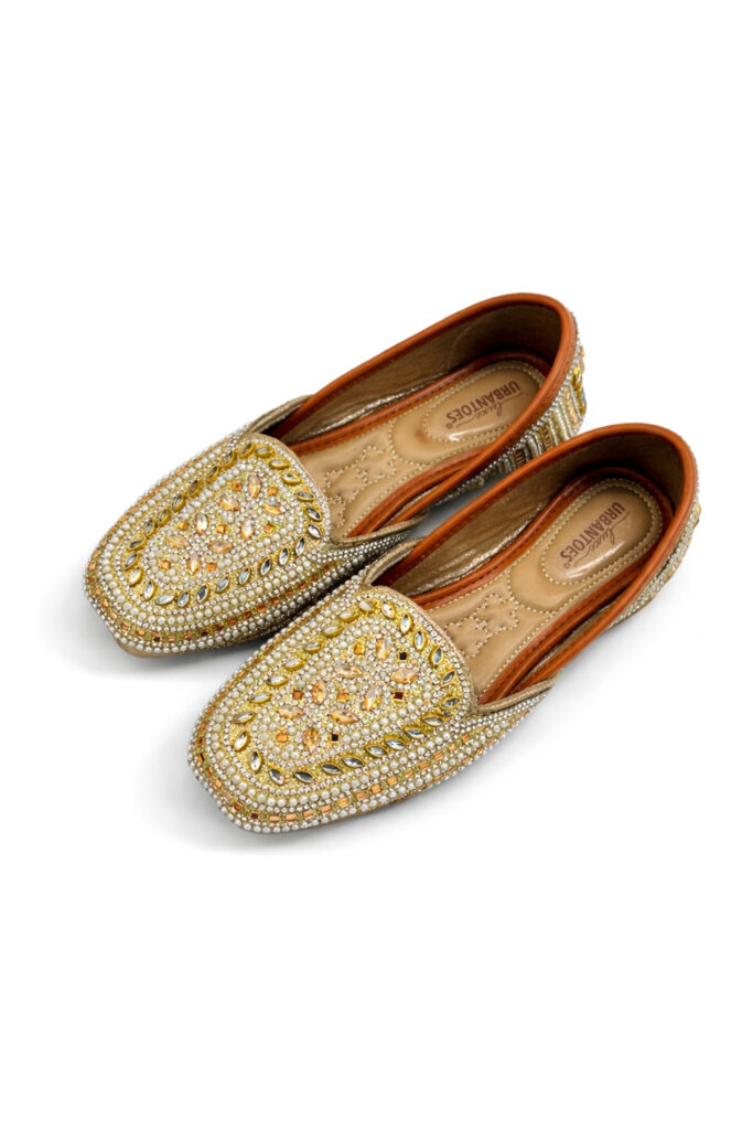 Gold Embellished Jutti Loafers for Women – Pearl Beaded Ethnic Flats