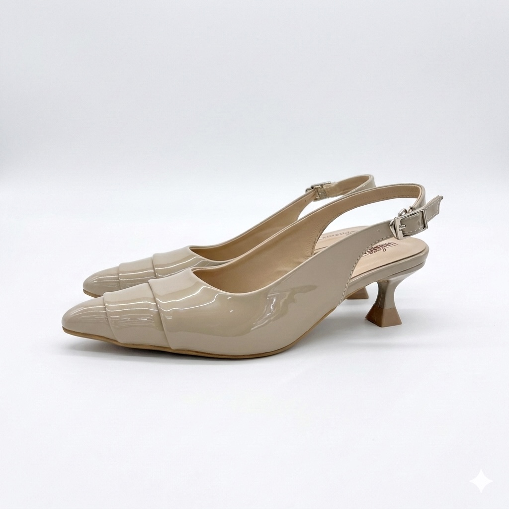 Beige Slingback Kitten Heels for Women – Patent Pointed Toe Pumps
