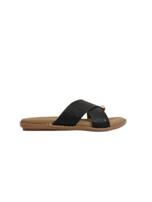 black cross strap flat slide for women