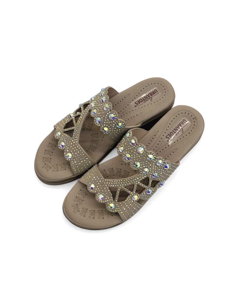 Light Gold Stone Work Block Heel Slide Sandals for Women