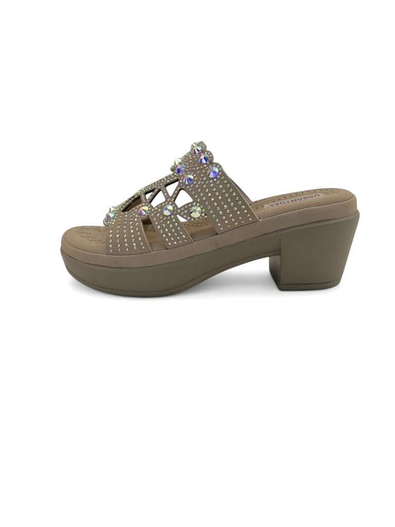 Light Gold Stone Work Block Heel Slide Sandals for Women