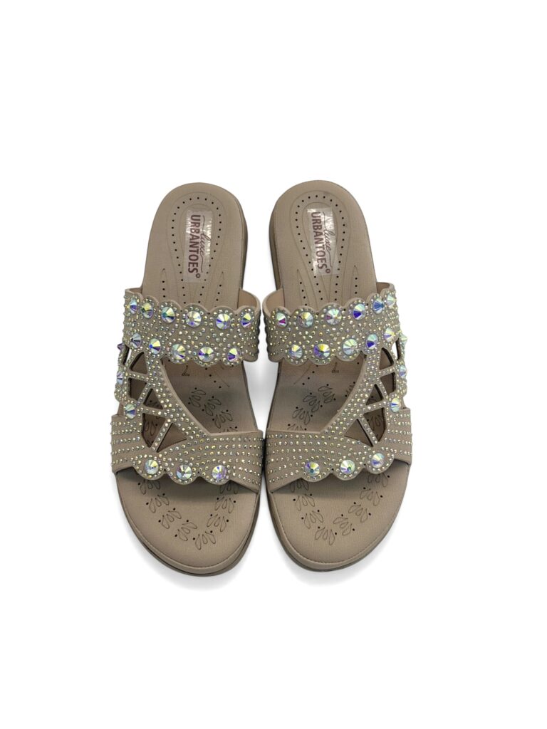 Light Gold Stone Work Block Heel Slide Sandals for Women