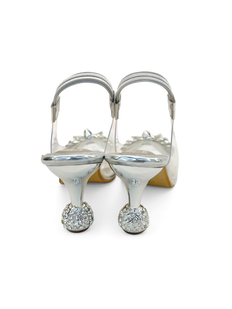 Transparent Silver Slingback Heels for Women – Crystal Bow Party Wear Sandals