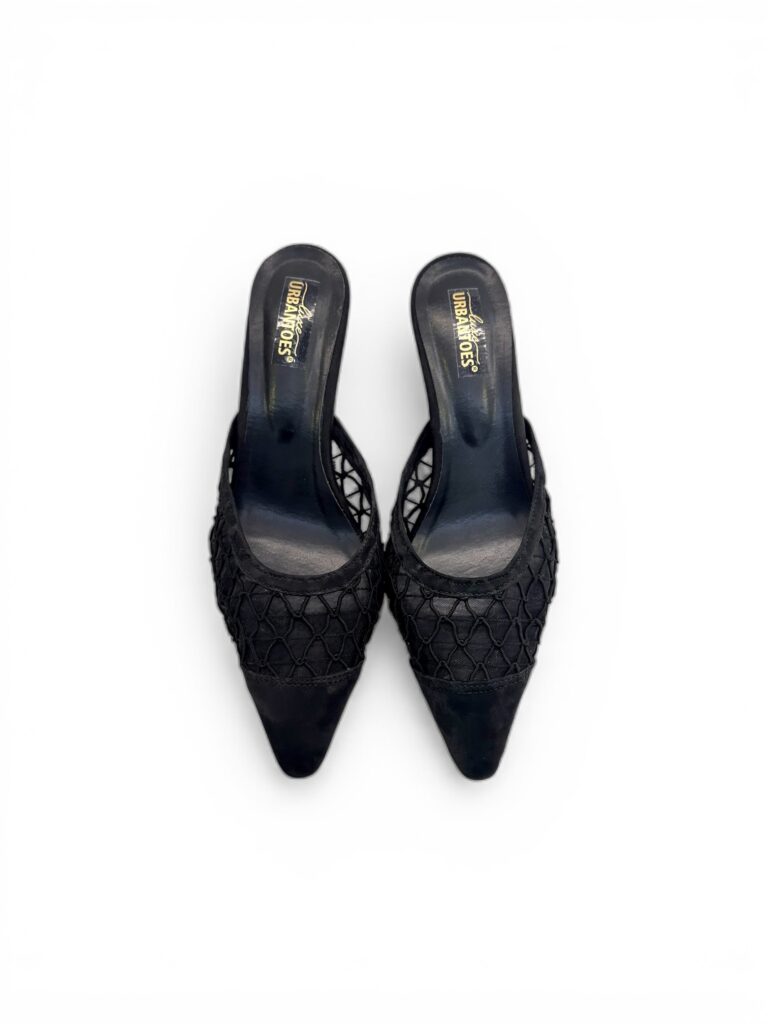 Black Mesh Kitten Heels for Women – Pointed Toe Mule Heels