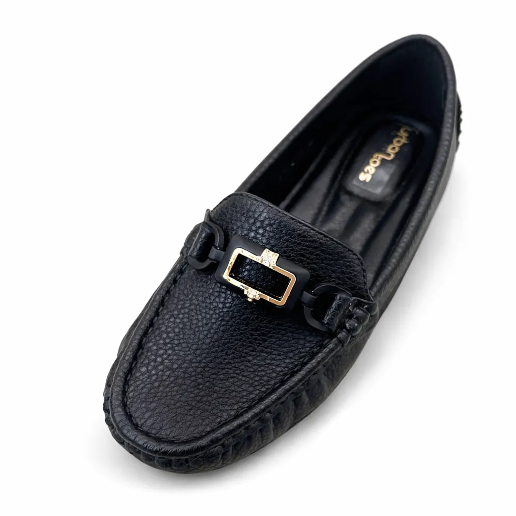 Classic Black Loafers for Women with Gold Buckle – Comfortable Everyday & Office Wear