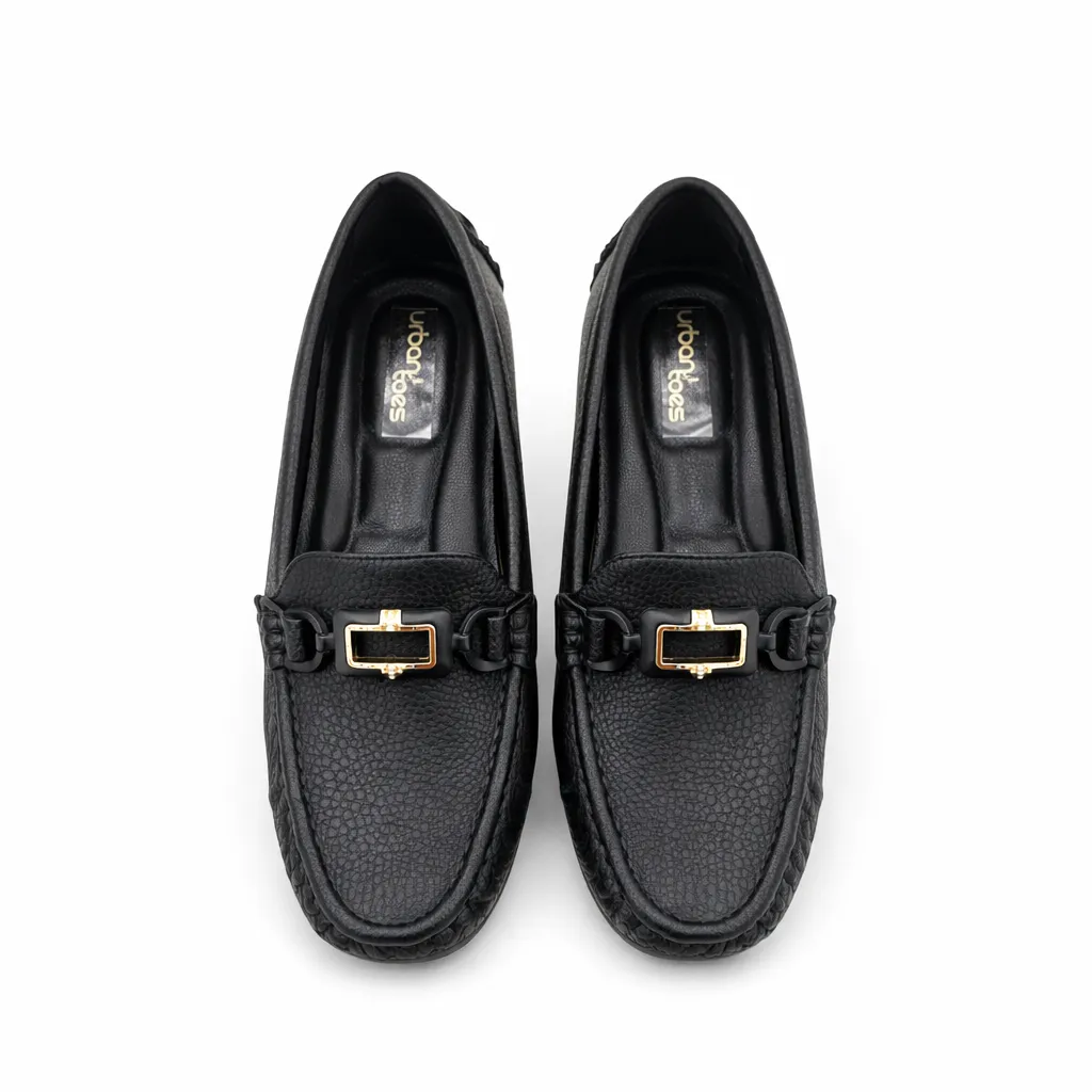 Classic Black Loafers for Women with Gold Buckle – Comfortable Everyday & Office Wear