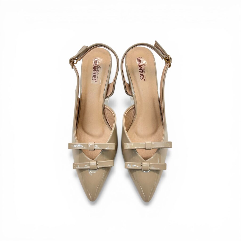 Beige Patent Slingback Kitten Heels with Bow – Urbantoes India