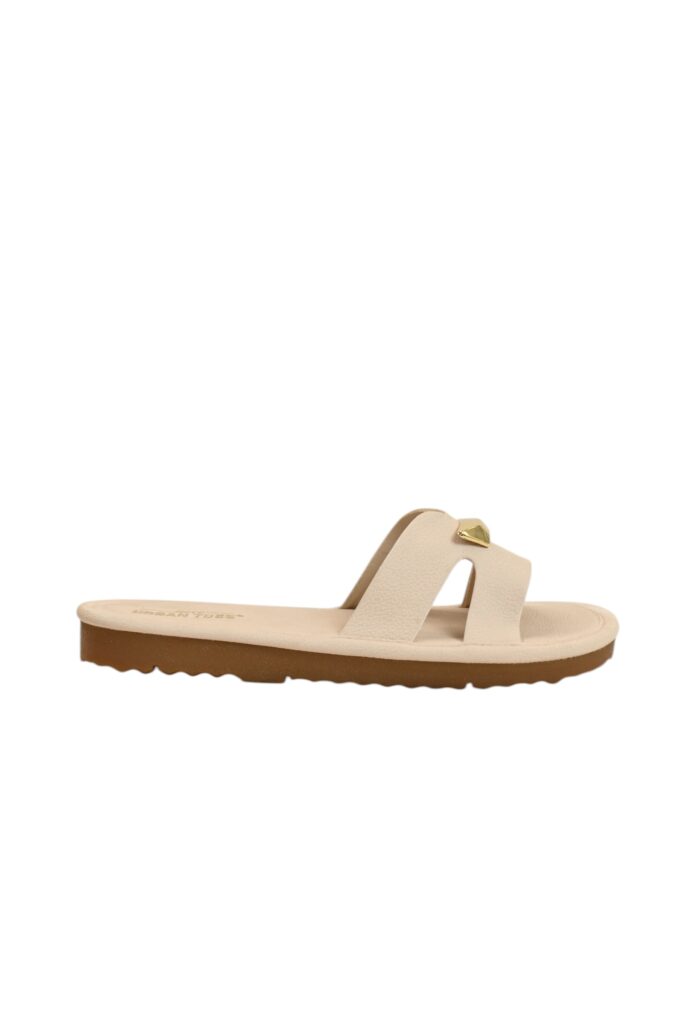 Cream Buckle Flat Slide Sandals Women – Vegan Leather Daily Wear