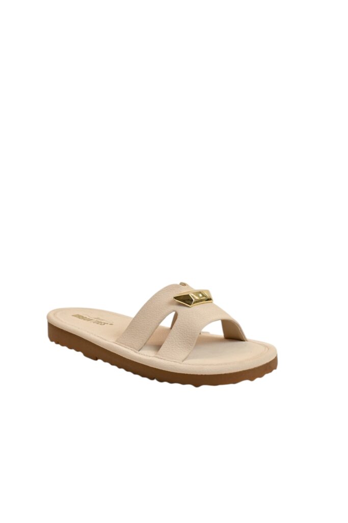 Cream Buckle Flat Slide Sandals Women – Vegan Leather Daily Wear