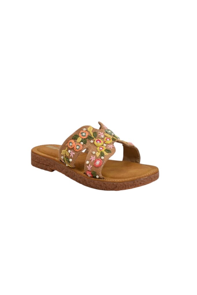 Peach embroidered flat sandals for women