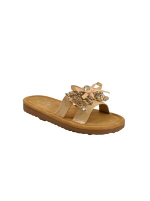 beige embellished flat slide sandals for women